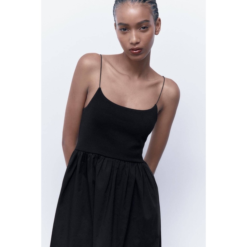 Zara Combination Fit and Flare Spaghetti Strap Midi Dress in Black